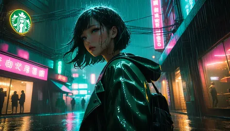 turning shibuya's starbucks into a night pool, where mermaids swim hyper detailed, dark moody lighting, cyberpunk, neon signs, r...