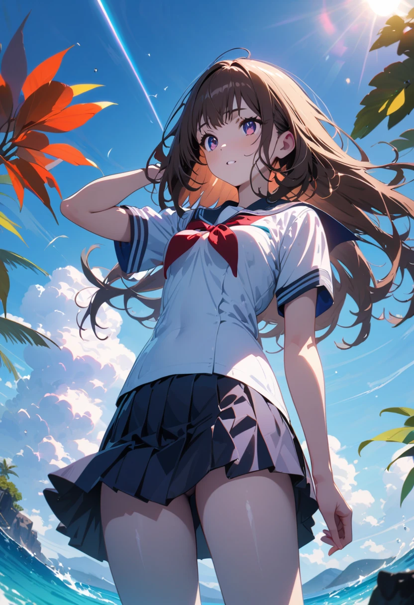 (best quality: 1.2, very detailed, high detail, Ultra-high resolution, latest, lively, masterpiece: 1.2, top quality, best aesthetic, perfect lighting, best shadow, high contrast, the best natural light), Anime artwork, 
anatomically correct, perfect hands, 
((beautiful attractive high school girl, 1 girl)), 
(Japanese school girl uniform, Japanese sailor suit, short sleeves), 
long straight hair, bangs, shiny dark brown hair, 
(small face:1.2), long body, long limbs, white skin, slender body, toned body, arm behind head, 
sparkling dark eyes, moist eyes, (finely detailed beautiful eyes: 1.3), gazing into the distance, 
seductive face, adorable face, 
summer, daytime, scenery, beautiful ocean and blue sky, natural light effects, 
cowboy shot, (shot from below: 1.2), 
deep depth of field, 