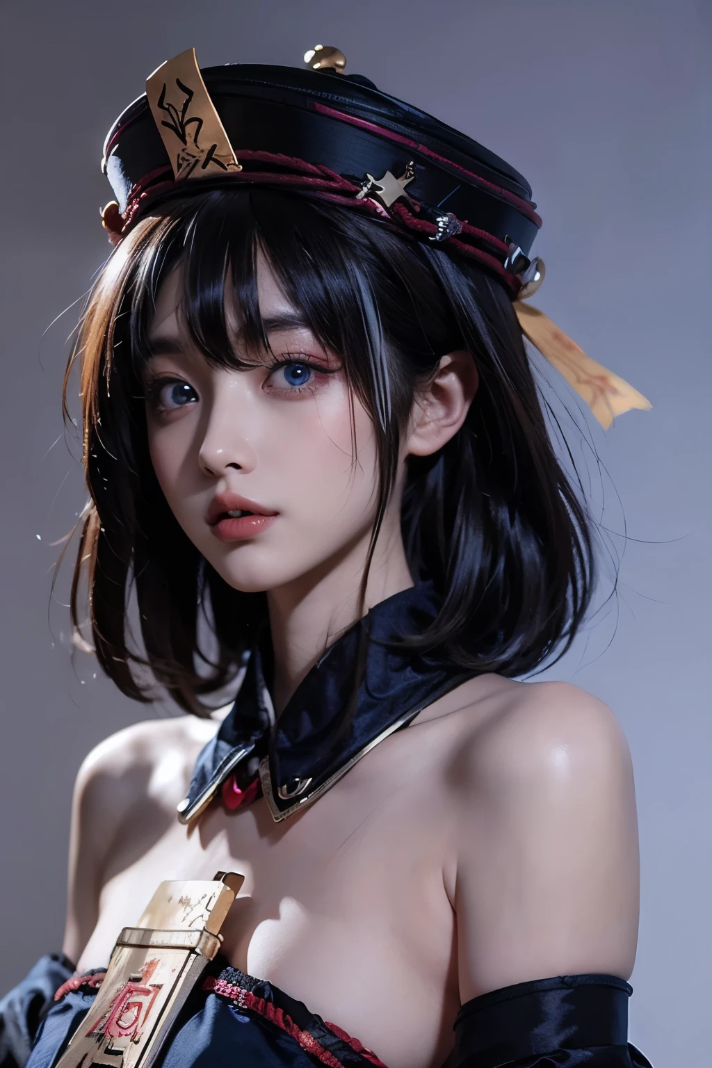 (qing guanmao:1.3),Hat,(red gemstone:1.2),white background,simple background,(gem:1.2),hwah jah,(streaked hair:1.4),floating paper,zombie fairy,(multicolored hair:1.3),(blue eyes:1.2),bare shoulders,, best quality , masterpiece, illustration, an extremely delicate and beautiful, extremely detailed ,CG,unity,8k wallpaper, Amazing, finely detail, masterpiece, best quality,official art,extremely detailed CG unity 8k wallpaper,absurdres, incredibly absurdres, huge filesize , ultra-detailed, highres, extremely detailed,beautiful detailed girl, extremely detailed eyes and face, beautiful detailed eyes,light on face,