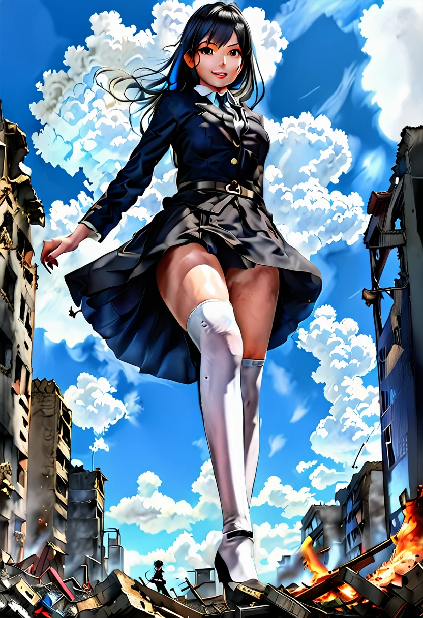 Composition viewed from below　(blue sky)　((cumulonimbus))　masterpiece　　Anime Style　Delicate painting　4K　90's　giant　crowd　 ((battlefield))　　((destroyed metropolis))　((Collapsed building))　((ruins))　((Rubble pile))　((fire))　((cigarette))　crowd　Crowd of people　((((Giant adult woman walking)))　((business suit))　((skirt))　Black Stockings　Guard Belt　White socks　watch　Black Hair　　smile　　female giant giant girl Whole body 　 Crowd Unreal Engine,cleavage ,a drawing of a , long hai　Beauty　Analog style　whole body　