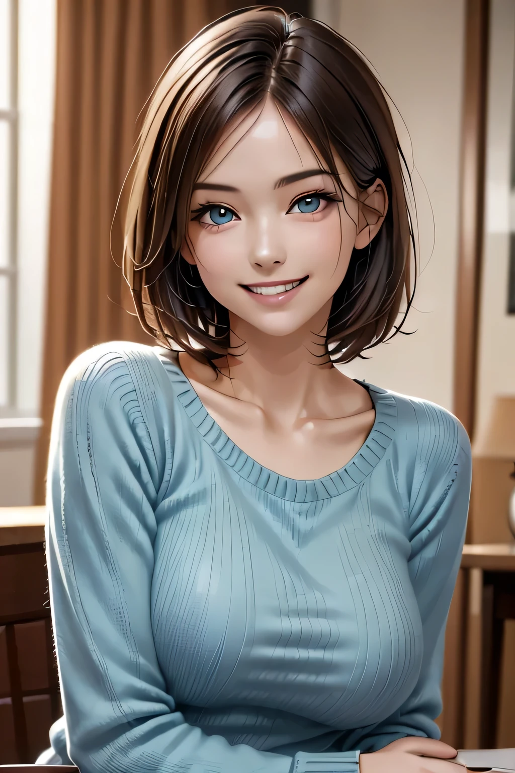 ((Realistic Light, Highest quality, 8k, Tabletop: 1.3)), 1 girl, Brunette Pixie Cut, Large Breasts, (Summer Sweater), Highly detailed face, Beautiful Eyes, double eyelid, grin, (Elegant), Relax, (My Room)