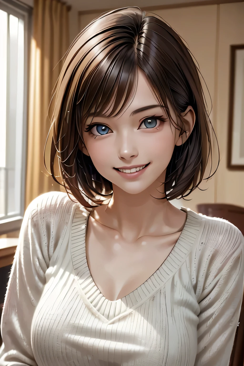 ((Realistic Light, Highest quality, 8k, Tabletop: 1.3)), 1 girl, Brunette Pixie Cut, Large Breasts, (Summer Sweater), Highly detailed face, Beautiful Eyes, double eyelid, grin, (Elegant), Relax, (My Room)