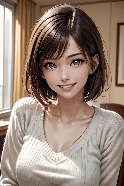 ((realistic light, highest quality, 8k, tabletop: 1.3)), 1 girl, brunette pixie cut, large breasts, (summer sweater), highly det...