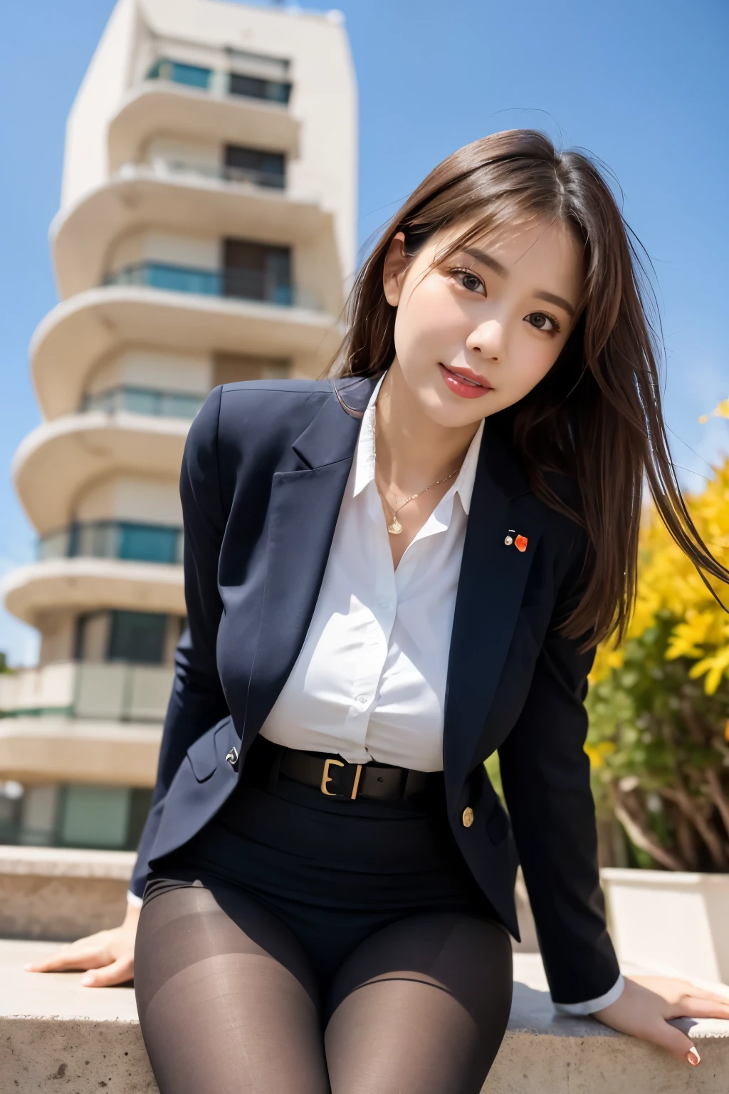 masterpiece, Bokeh, (Beautiful Face), (Detailed face), (Perfect hands), (Japanese Idols:1.6), (business suit:1.3), (Ultra-realistic pantyhose:1.3), (Sit at the top of the tower:1.3),( Balcony of a high-rise apartment building:1.3), (Blushed:1.3), Working boots, (From below:1.5), Beautiful mature woman、