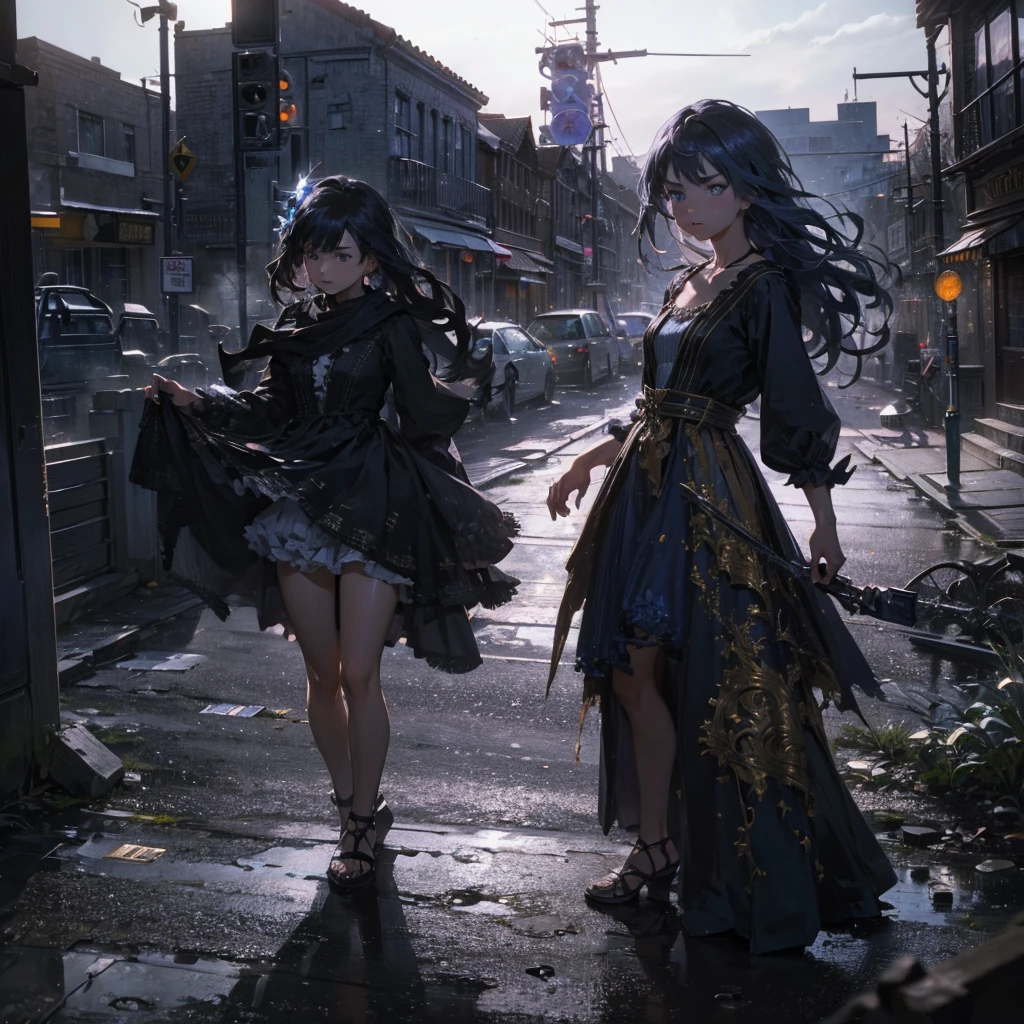 a beautiful woman in a fantasy world, smirking and serving the viewer, wearing tattered clothes, standing in a city street, intricate detailed facial features, high quality 8k render, photorealistic, cinematic lighting, dramatic colors, dramatic angles, dramatic poses, elegant fantasy dress, glowing magical effects