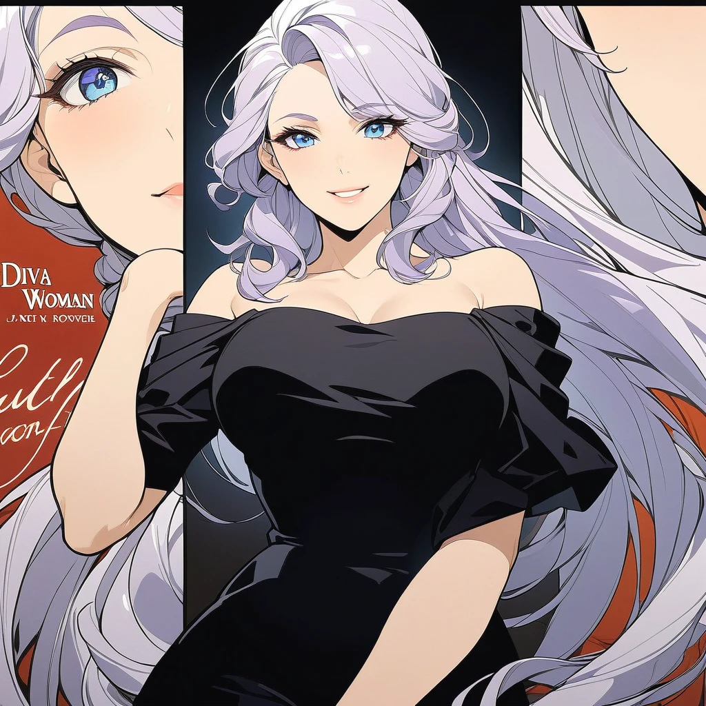 classy woman in a dress, mature woman, beautiful woman, older woman, diva, 1girl, smiling, seductive, light purple hair, long hair, blue eyes, close up, black clothes, simple background, centred, movie poster, beautiful lighting, masterpiece, 4k, hd, best quality, detailed, thick line art, variable line art, vintage poster