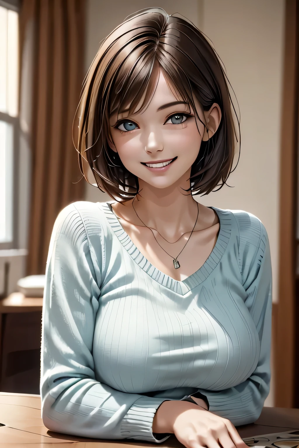 ((Realistic Light, Highest quality, 8k, Tabletop: 1.3)), 1 girl, Brunette Pixie Cut, Large Breasts, (Summer Sweater), Highly detailed face, Beautiful Eyes, double eyelid, grin, (Elegant), Relax, (My Room)