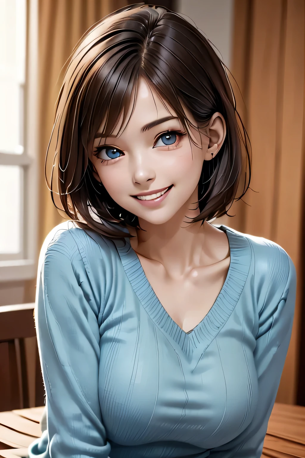 ((Realistic Light, Highest quality, 8k, Tabletop: 1.3)), 1 girl, Brunette Pixie Cut, Large Breasts, (Summer Sweater), Highly detailed face, Beautiful Eyes, double eyelid, grin, (Elegant), Relax, (My Room)