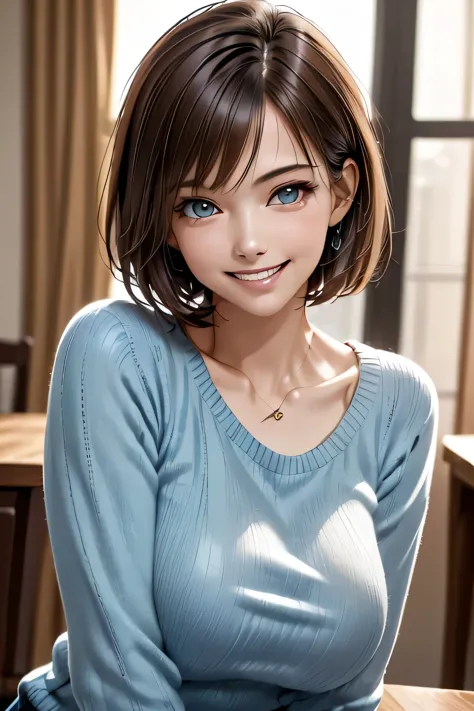 ((realistic light, highest quality, 8k, tabletop: 1.3)), 1 girl, brunette pixie cut, large breasts, (summer sweater), highly det...