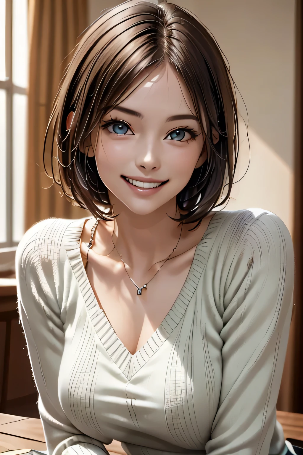 ((Realistic Light, Highest quality, 8k, Tabletop: 1.3)), 1 girl, Brunette Pixie Cut, Large Breasts, (Summer Sweater), Highly detailed face, Beautiful Eyes, double eyelid, grin, (Elegant), Relax, (My Room)