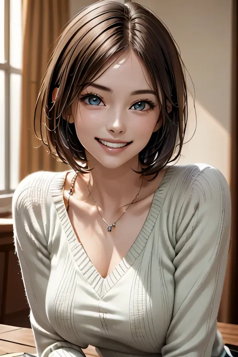 ((Realistic Light, Highest quality, 8k, Tabletop: 1.3)), 1 girl, Brunette Pixie Cut, Large Breasts, (Summer Sweater), Highly det...