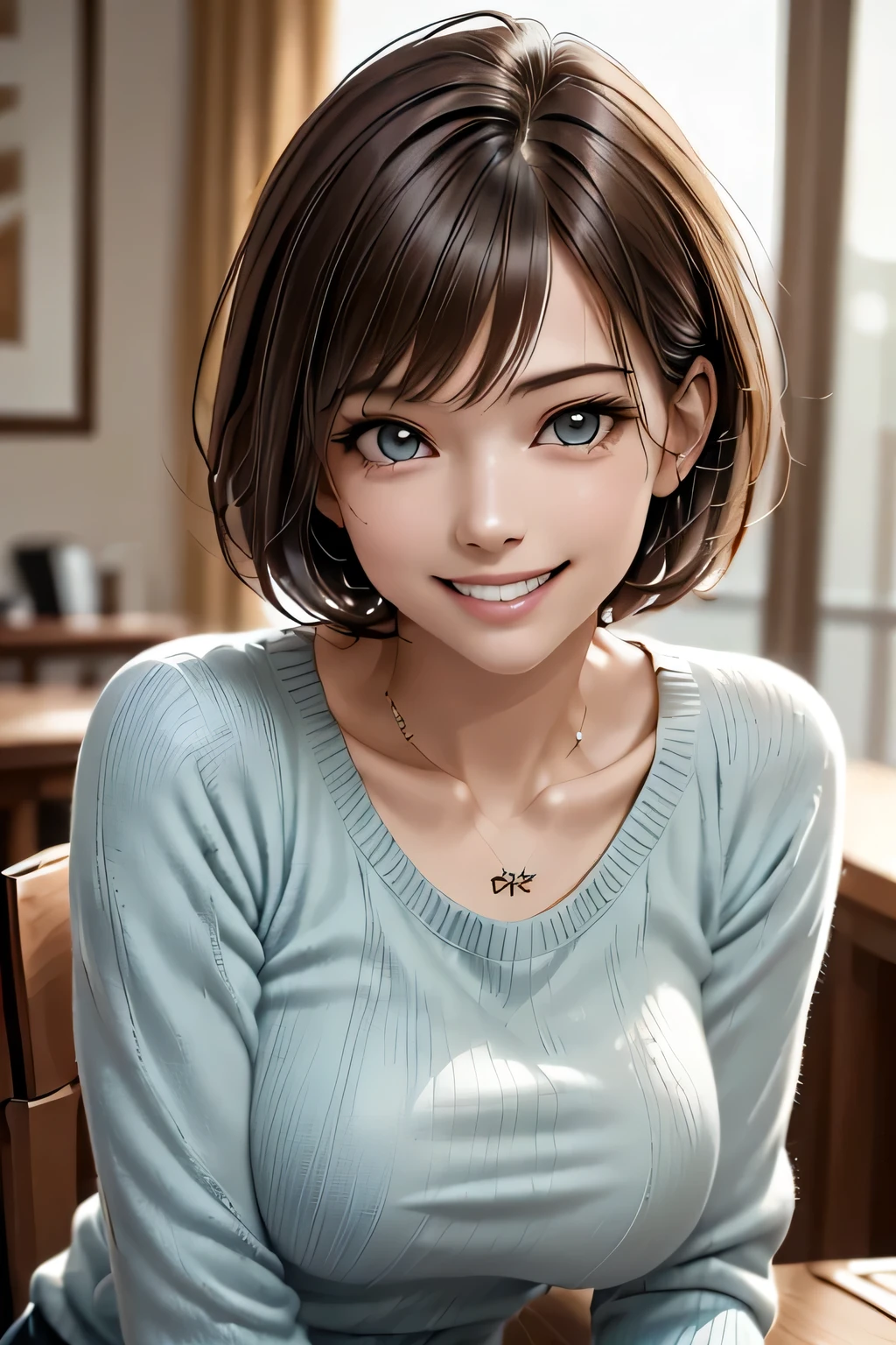 ((Realistic Light, Highest quality, 8k, Tabletop: 1.3)), 1 girl, Brunette Pixie Cut, Large Breasts, (Summer Sweater), Highly detailed face, Beautiful Eyes, double eyelid, grin, (Elegant), Relax, (My Room)