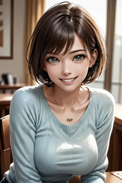 ((realistic light, highest quality, 8k, tabletop: 1.3)), 1 girl, brunette pixie cut, large breasts, (summer sweater), highly det...