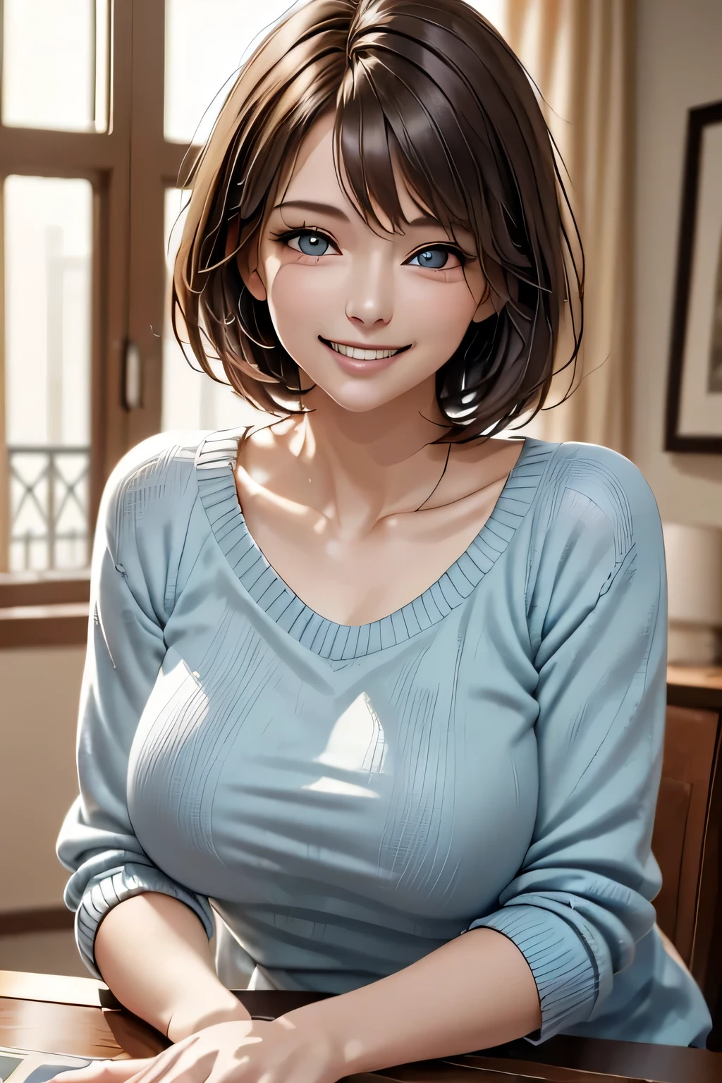 ((Realistic Light, Highest quality, 8k, Tabletop: 1.3)), 1 girl, Brunette Pixie Cut, Large Breasts, (Summer Sweater), Highly detailed face, Beautiful Eyes, double eyelid, grin, (Elegant), Relax, (My Room)