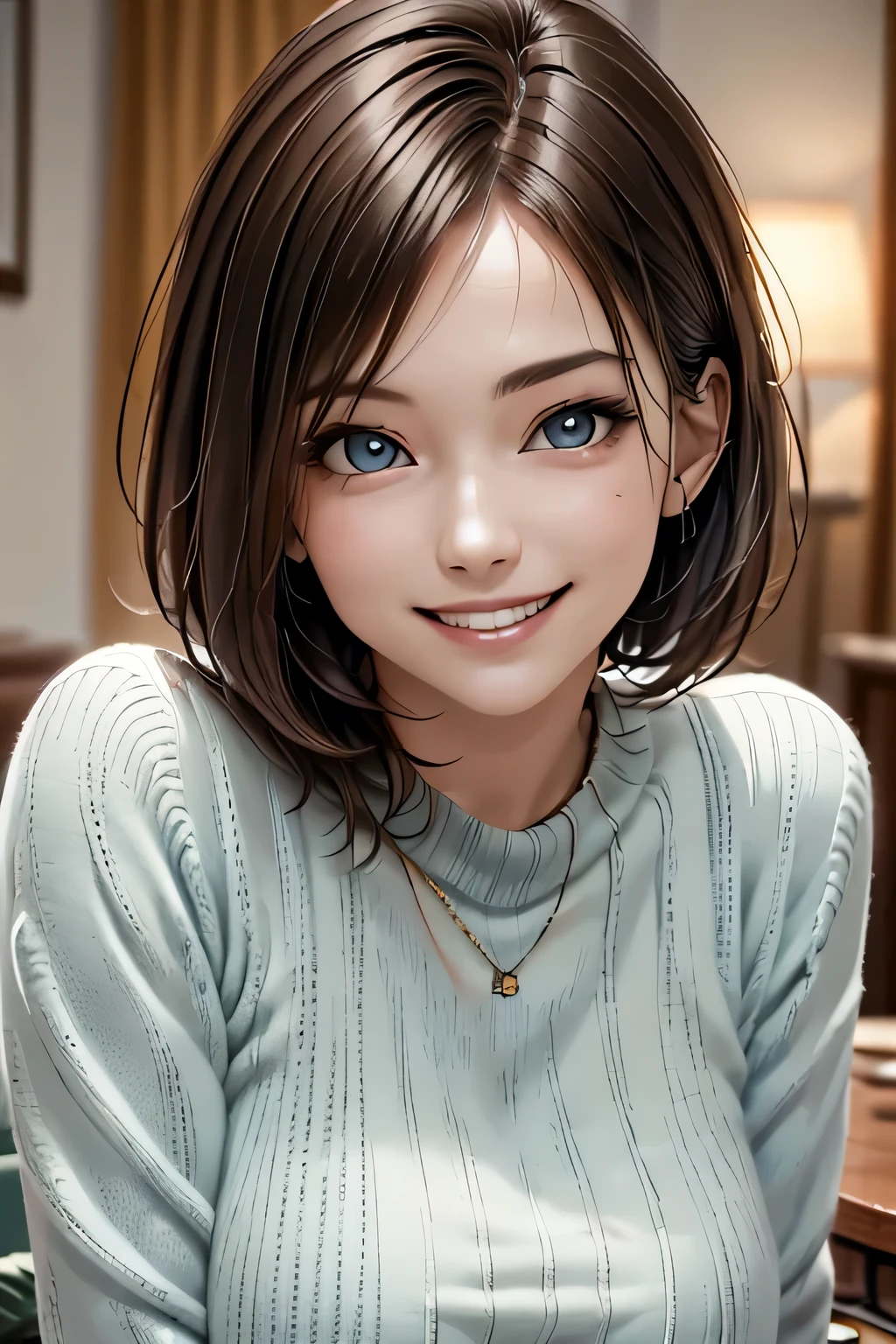 ((Realistic Light, Highest quality, 8k, Tabletop: 1.3)), 1 girl, Brunette Pixie Cut, Large Breasts, (Summer Sweater), Highly detailed face, Beautiful Eyes, double eyelid, grin, (Elegant), Relax, (My Room)