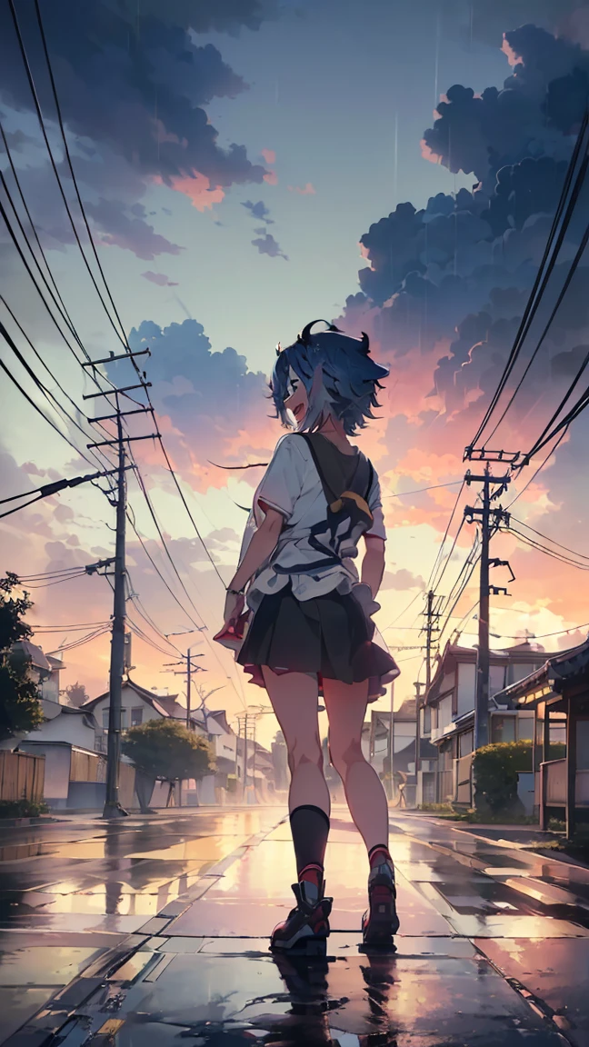 masterpiece, Highest quality, High resolution, Very detailed,(((Mikoto Naruka))), (((laughing。)))、(((Standing in the distance))), (((Facing forward。))), (((Back view))), (((thunderstorm))), (((Electric pole))), (((Black T-shirt))), (((White Skirt))), (((Cloudy))), (((Rain Clouds))), (((Bus stop in the background)))