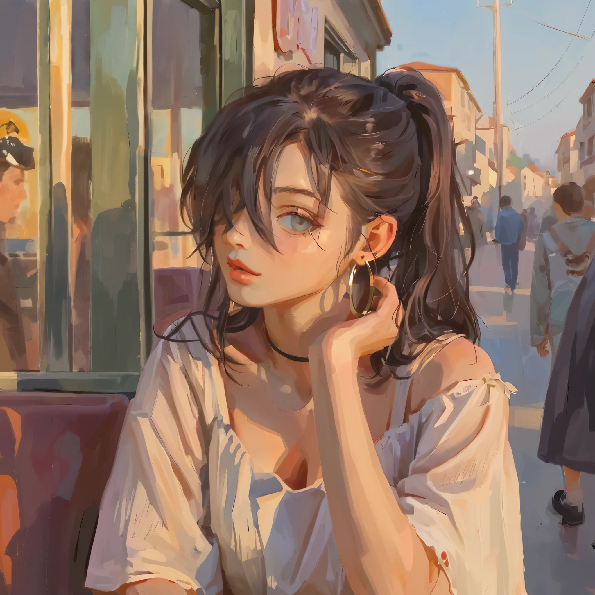 score_9, score_8_up, score_7_up, score_6_up, score_5_up, score_4_up, fkey70, h3l3n, masterpiece, best quality, high quality, hyperrealistic anime painting, anime painting, painterly, realistic painting, soft feature, detailed clothes, detailed, rembrandt lighting, solo, masterpiece, best quality, high quality, ((low depth of field)), , (beautiful landscape), BREAK woman sitting in a bus stand, 1girl, pale-skinned female, large breasts, grey eyes, black hair, ponytail hair, hair over one eye, hoop earrings, shirt, off-shoulder shirt, black topwear, jeans, looking at viewer, curious expression
