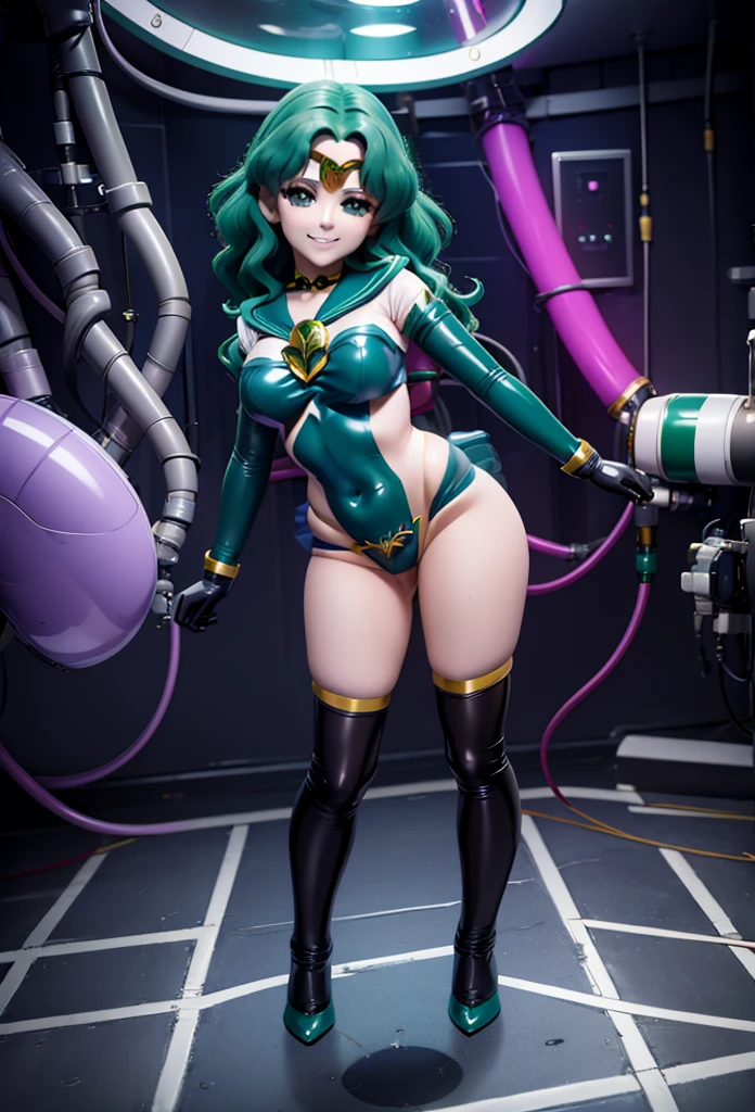 Sailor Neptune of the Fallen. female solo. Aqua color hair. Cyber-style goggles that cover your eyes. Evil costume. nefarious smirk. Latex Costume. Full Body Stockings. Futuristic machine background.