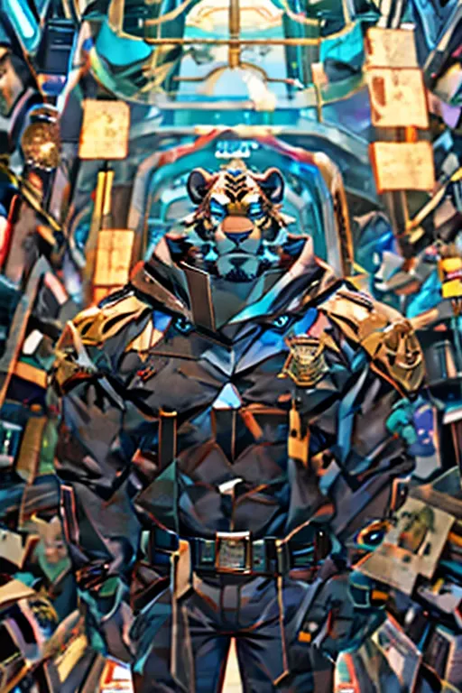 black police uniform，rainy day，strong，male black tiger orc，grey scarf，full body painting，cyberpunk，facing the camera