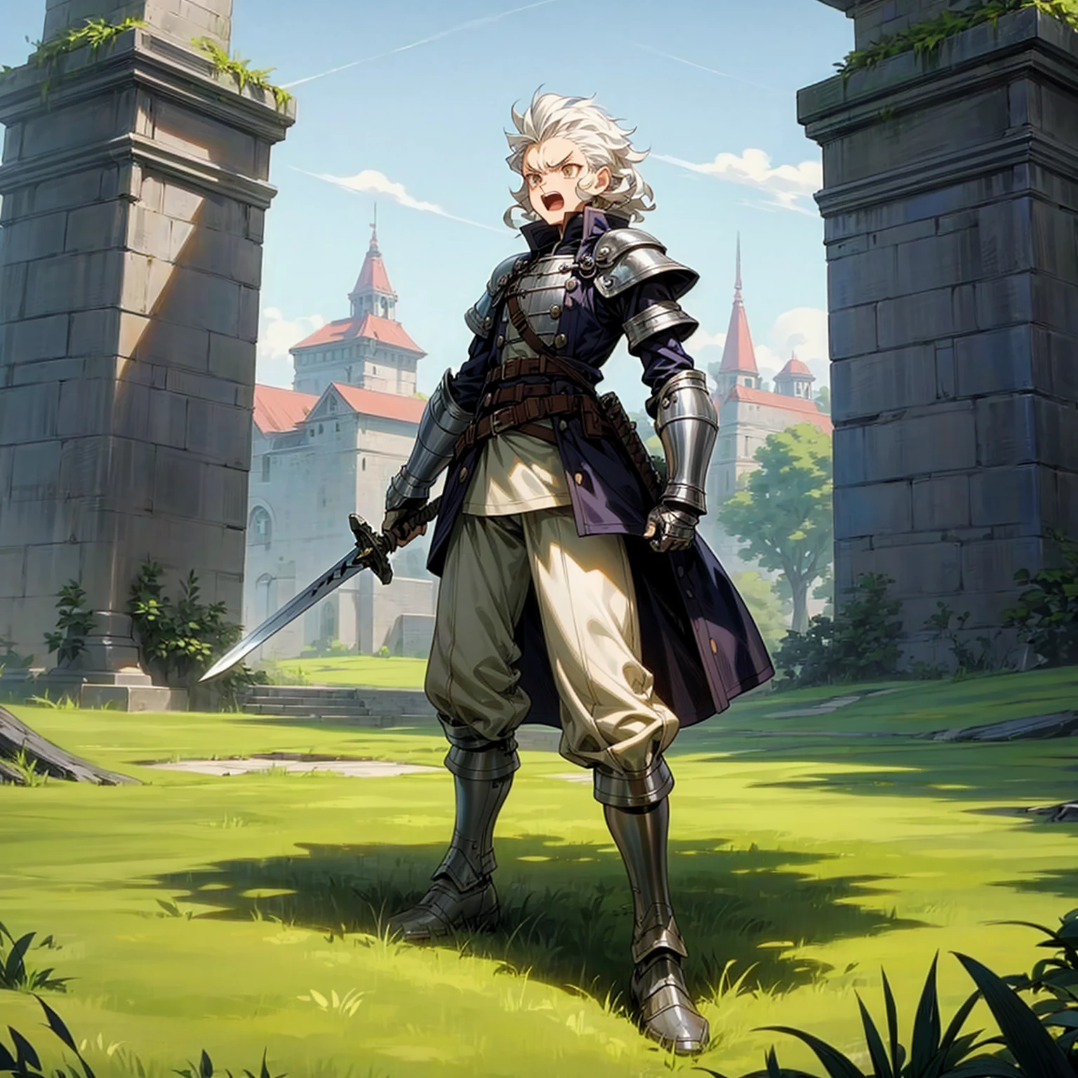 Solo character, man, tall  height, full body version, white eyes, white colour hair, long curly haircut, soldier clothing, heavy armored, belt, boots, outdoor, town, park, medieval, afternoon, standing gesture, detailed clothing, detailed hair, detailed background, open mouth, angry, (Hunter x Hunter style art), sword in hand 