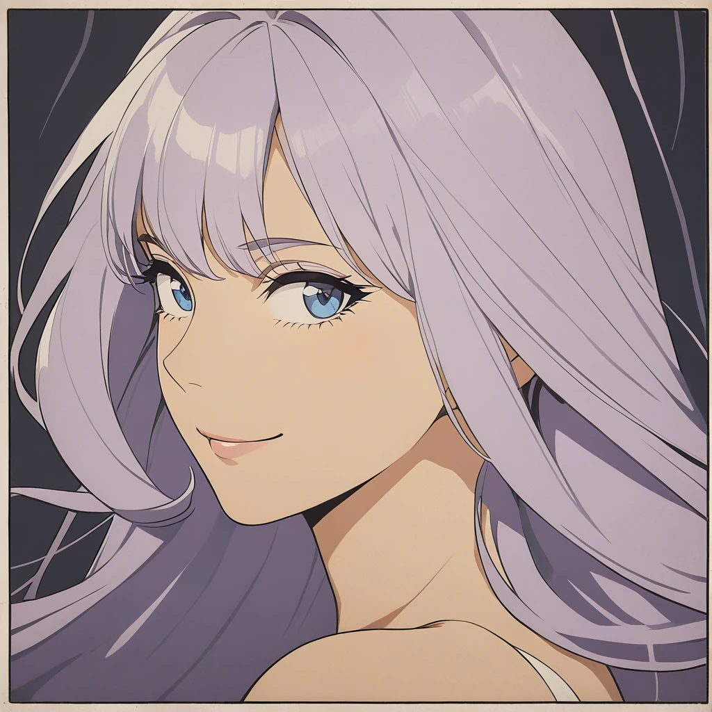 classy woman in a dress, mature woman, beautiful woman, older woman, side view, 1girl, smiling, seductive, light purple hair, long hair, blue eyes, close up, black clothes, simple background, centred, movie poster, cinematic lighting, masterpiece, 4k, hd, best quality, detailed, thick line art, variable line art, vintage poster