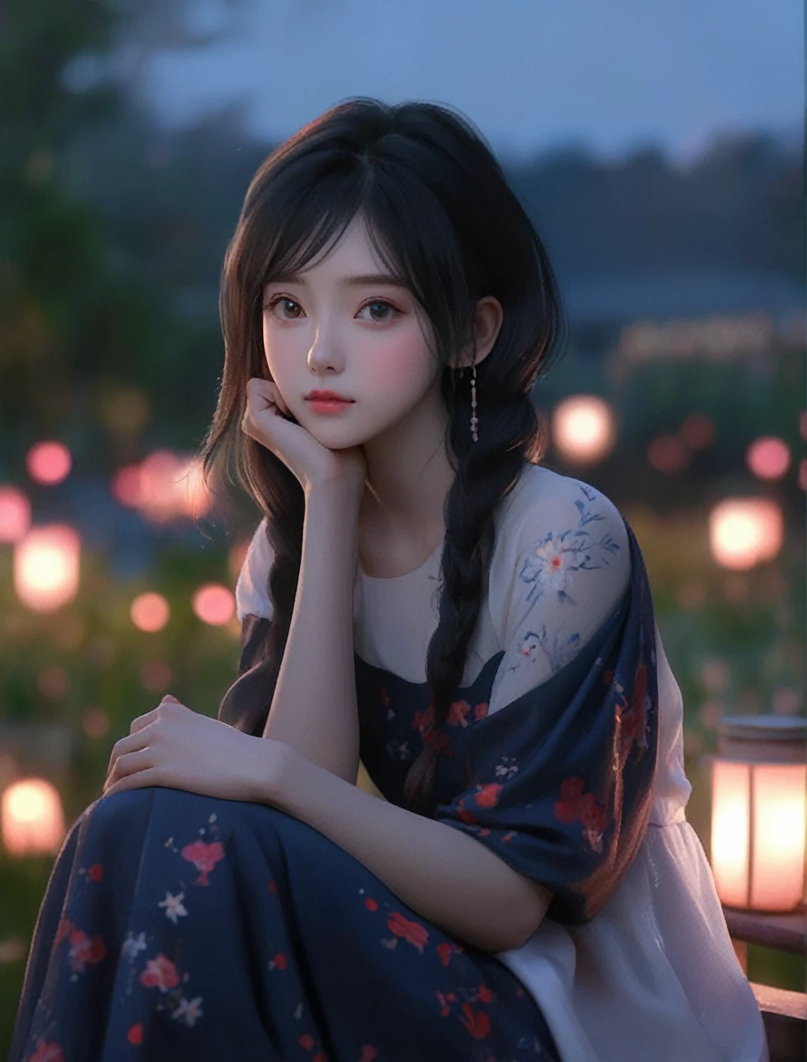 A long-haired girl sitting on a bench，Holding a cup in hand, charming细致的数字艺术, charming的数字艺术, charming卡通 character, charming的肖像, charming卡通, charming的角色, Soft portrait shots 8 k, charming的数字, charming的 3d 渲染, charming, charming的动漫女孩, charming美丽, Beautiful soft lighting, charming, charming的卡哇伊女孩