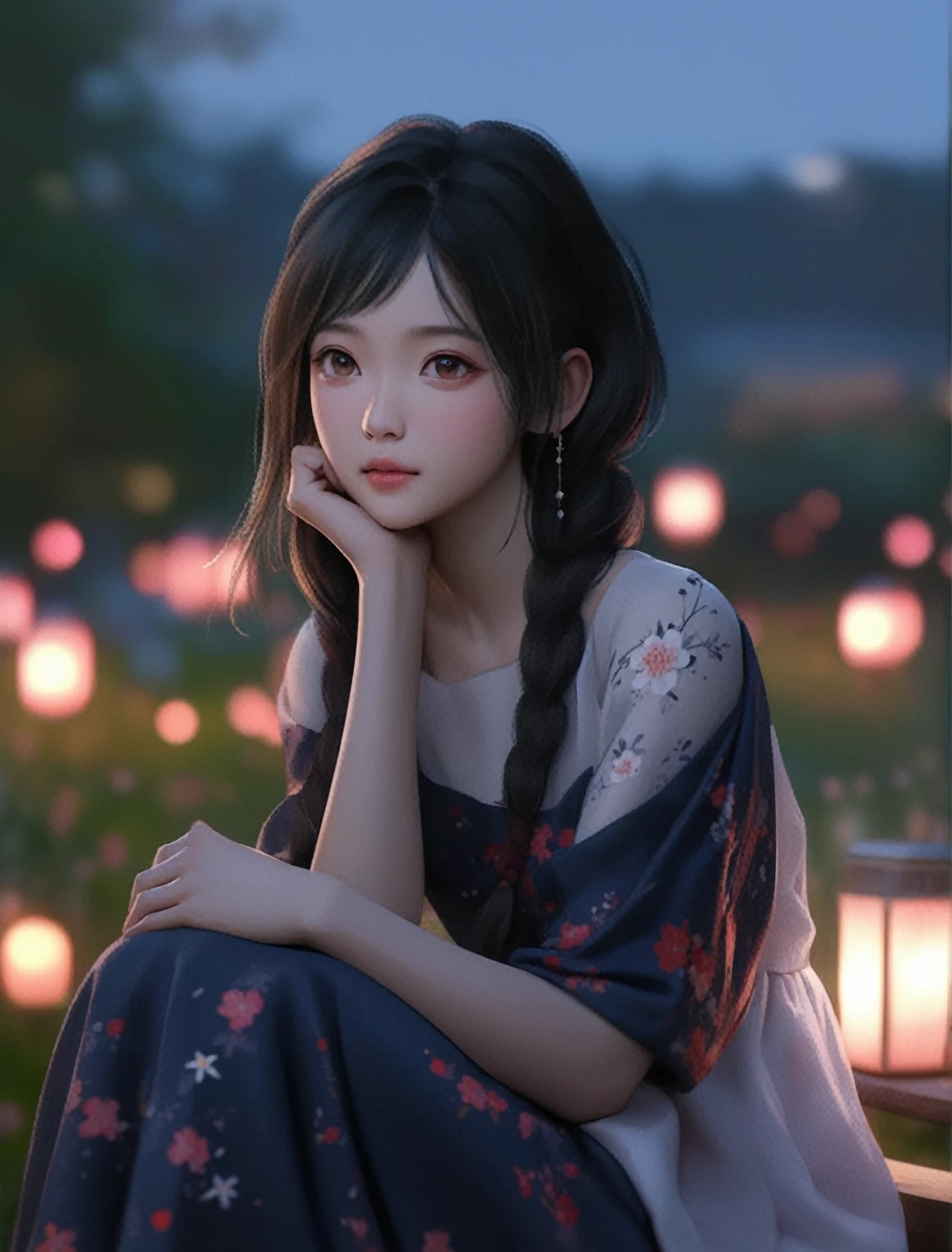 Japanese cartoons girl sitting on a bench with her hand on her chin, artwork in the style of Gu Weiss, Gu Weiss, Popular on cgstation, beautiful Japanese cartoons portrait, realistic Japanese cartoons 3 d style, smooth Japanese cartoons cg art, Lovely portrait, Japanese cartoons. Soft lighting, beautiful Japanese cartoons girl, High quality portrait, Chinese Girl, Beautiful digital artwork, Kawaii realistic portrait