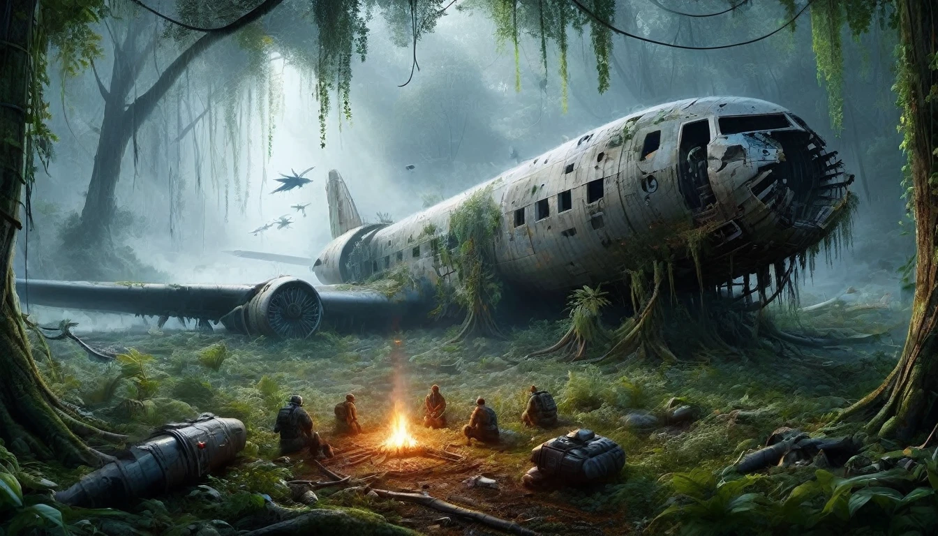 A highly detailed, high-resolution illustration of a crashed military spacecraft that has landed in a field surrounded by trees and the frozen silence of a battle. The spacecraft should have an impressive armored structure, visible military elements such as weapons and reinforced plating, and signs of heavy use, including extensive rust, stains, dirt, and heavy damage from previous battles. The field should be covered in a layer of grass, and the trees in the background should create a striking contrast. The scene should include subtle lighting effects that highlight the impressive size and complexity of the landing spacecraft with its plasma jet engine in the center. Additionally, have people standing on nearby open spaces and debris to add a sense of scale and context to the scene. The illustrations should be drawn with such meticulous detail that it appears to have been shot on an iPhone camera. Ultimately, the dramatic moment should be stunningly realistic and believable.