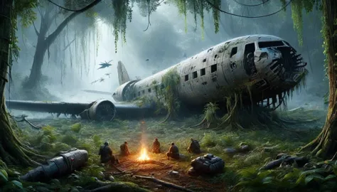 a highly detailed, high-resolution illustration of a crashed military spacecraft that has landed in a field surrounded by trees ...