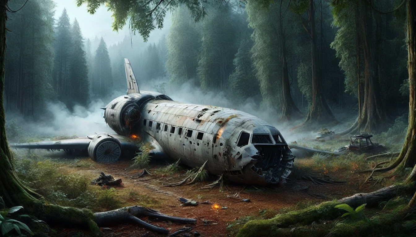 A highly detailed, high-resolution illustration of a crashed military spacecraft that has landed in a field surrounded by trees and the frozen silence of a battle. The spacecraft should have an impressive armored structure, visible military elements such as weapons and reinforced plating, and signs of heavy use, including extensive rust, stains, dirt, and heavy damage from previous battles. The field should be covered in a layer of grass, and the trees in the background should create a striking contrast. The scene should include subtle lighting effects that highlight the impressive size and complexity of the landing spacecraft with its plasma jet engine in the center. Additionally, have people standing on nearby open spaces and debris to add a sense of scale and context to the scene. The illustrations should be drawn with such meticulous detail that it appears to have been shot on an iPhone camera. Ultimately, the dramatic moment should be stunningly realistic and believable.