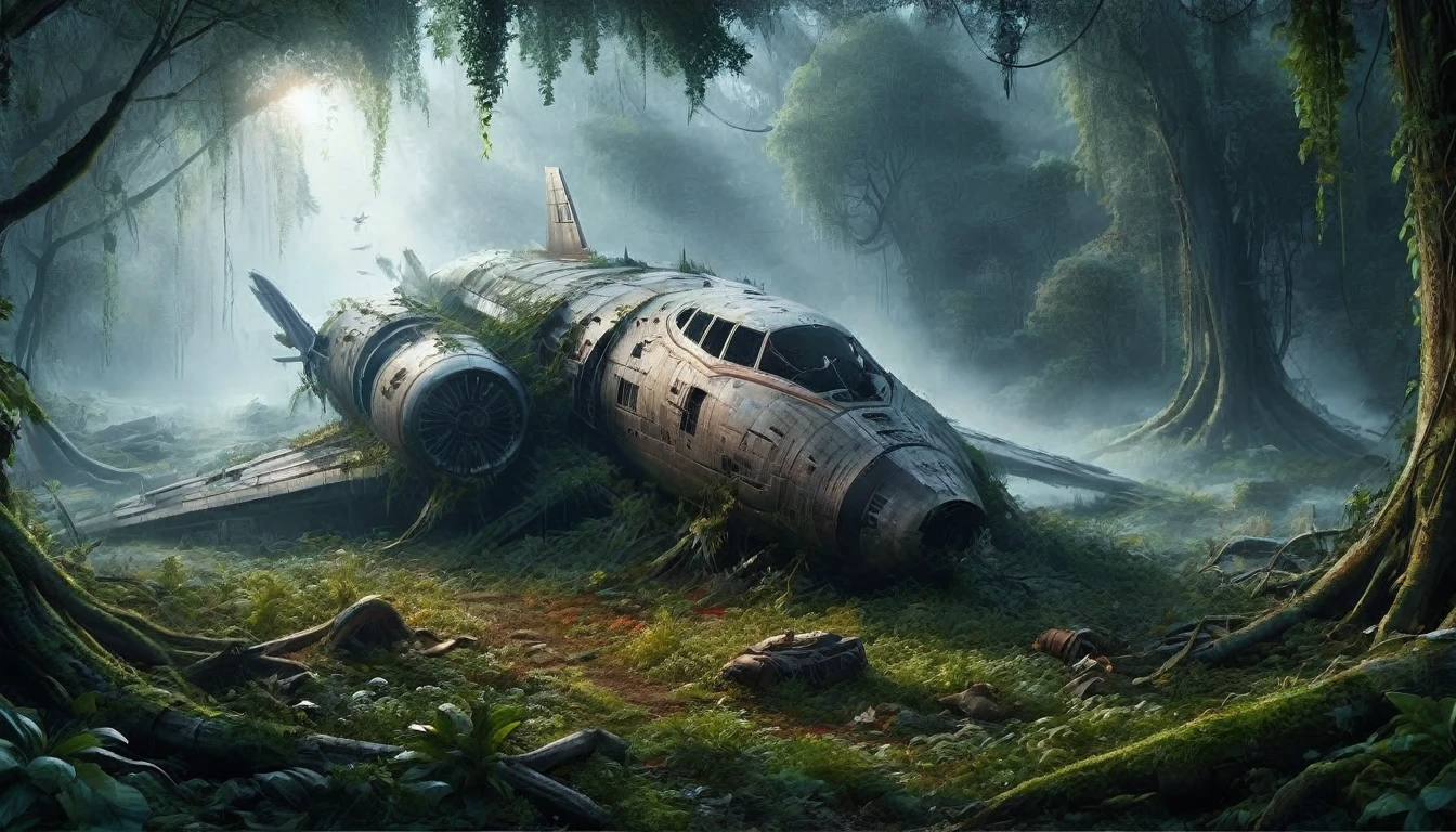 A highly detailed, high-resolution illustration of a crashed spaceship that has landed in a field surrounded by trees and the frozen silence of a battle. The spaceship should have an impressive armored structure, visible military elements such as weapons and reinforced plating, and signs of heavy use, including extensive rust, stains, dirt, and severe damage from previous battles. The field should be covered in a layer of grass, and the trees in the background should create a striking contrast. The scene should include subtle lighting effects that emphasize the impressive size and complexity of the landing spaceship with its plasma jet engine at the center. Additionally, have people standing on nearby open spaces and debris to add a sense of scale and context to the scene. The illustrations should be drawn with such meticulous detail that it appears to have been shot on an iPhone camera. Ultimately, the dramatic moment should be stunningly realistic and believable.