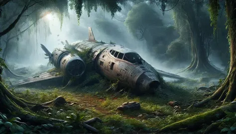 a highly detailed, high-resolution illustration of a crashed spaceship that has landed in a field surrounded by trees and the fr...