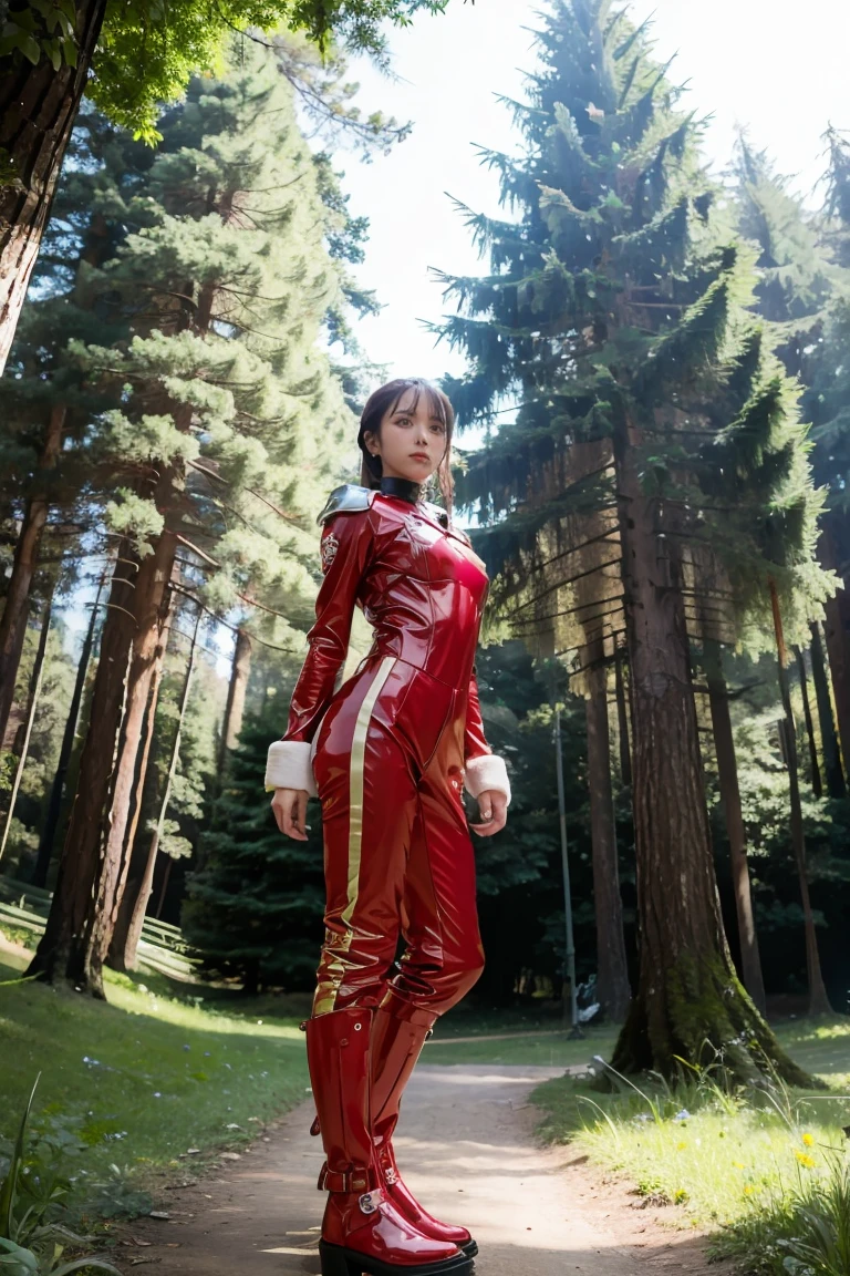 1 girl, Ridiculous resolution, high resolution, (Masterpiece: 1.4), hyper detail, and moss, Red armor with red wings, Flight floating in the sky (1.8) The background is forest type., electricity, Full body suit, 