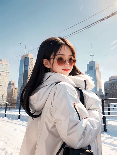 sam yang,, 1girl, animal, animal on shoulder, bird, black-framed eyewear, black eyes, black hair, blue sky, cityscape, clear sky...