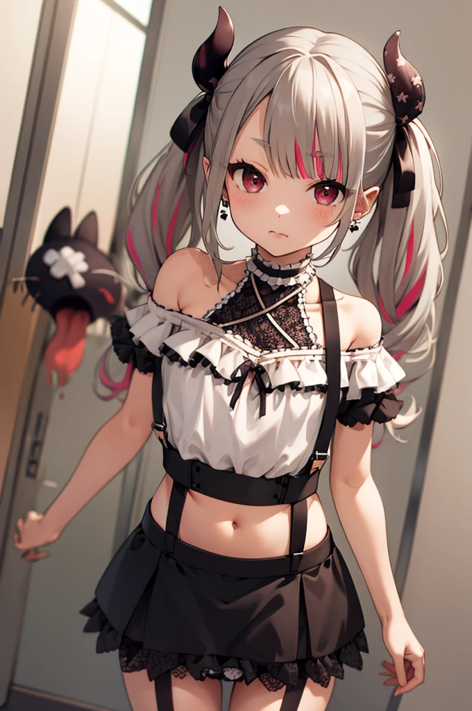 hmnab,  multicolored hair, hair bow, twintails, white shirt, black skirt, , suspender skirt, bare shoulders, earrings, puffy sleeves,,(((petite, panties,))),,,looking viewer,,navel,standing,indoor