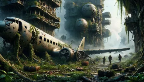 a vivid and detailed description of a dystopian sci-fi landscape with a huge, ruined vertical metropolis. the collapsed boeing. ...