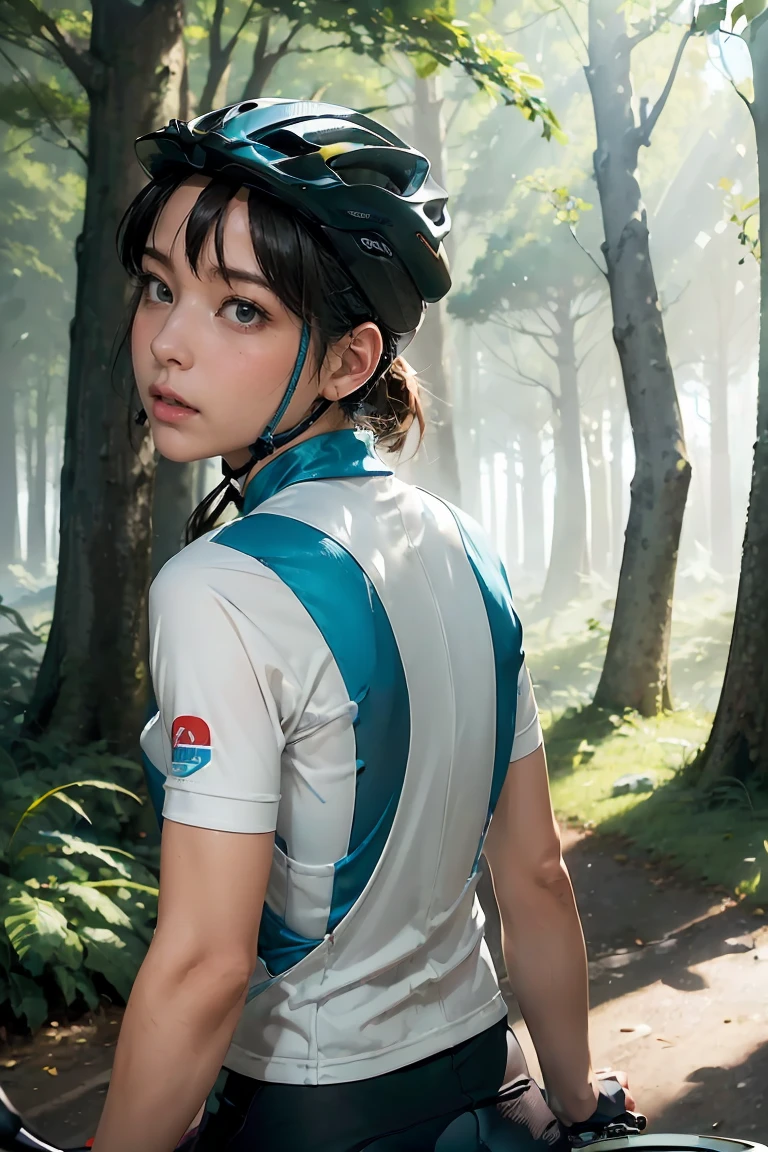 (bike: 1.5), (realistic bike: 1.5), (realistic cyclist: 1.5), cyclist back in foreground, lofi landscape, nature, sun, forest, clearing, undergrowth, landscape background, shadows, contrast, makoto shinkai (Best quality:1.3), (Highres:1) Art by Studio Ghibli Style, Vibrant Colors, Impressionism