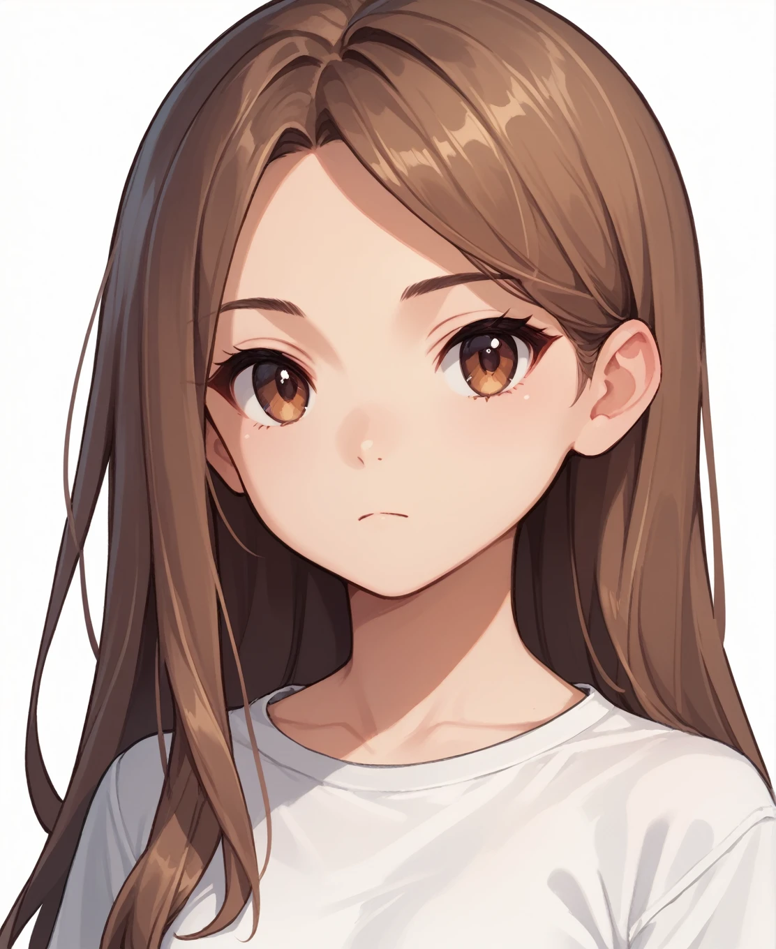 Source Anime, One girl, alone, whole body, Straight, Expressionless, Brown Hair, White shirt、Long Hair, Medium chest, Brown eyes, White background