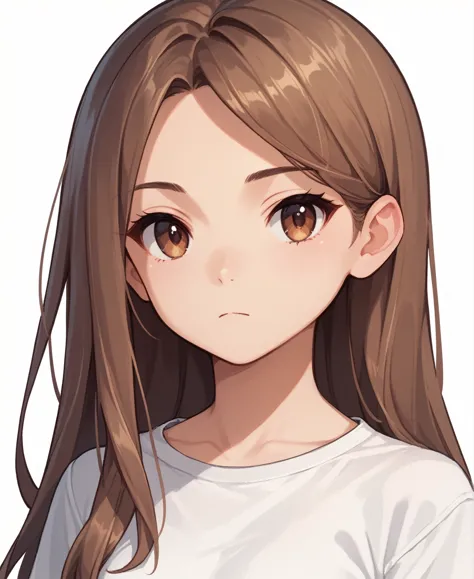 source anime, one girl, alone, whole body, straight, expressionless, brown hair, white shirt、long hair, medium chest, brown eyes...