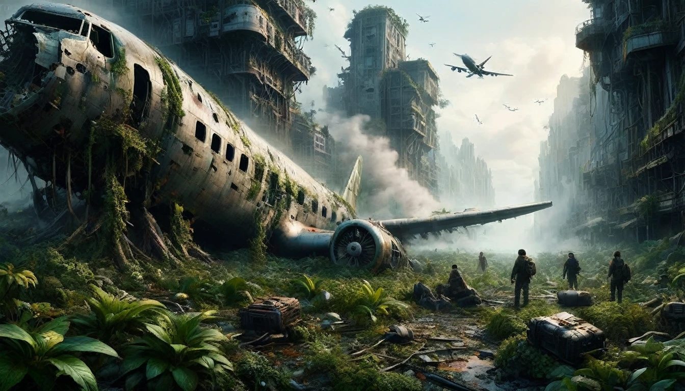 A vivid and detailed description of a dystopian sci-fi landscape with a huge, ruined vertical metropolis. The collapsed Boeing. The cityscape should contain magnificent, crumbling stone buildings of complex design. Including a huge vertical cityscape, it seems to be a mixture of ancient and futuristic elements. It also describes the abandoned technology scattered throughout the city, such as tangled wires and huge broken computers, a passenger plane covered in moss. Finally, it conveys a sense of despair and desolation through words, creating a sense of desolation and grandeur. The language should be rich, descriptive and stimulating.