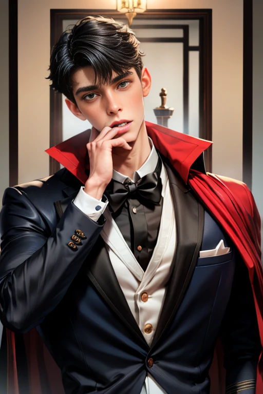 masterpiece, 最high quality, high quality, boy alone, male focus, looking at the viewer, whole body, Winning spirit_destiny, dirty black hair, blue adorable big eyes, white people, noble, noble, Noble Vampire、Classy tuxedo,A very large long red and black cloak with a very large collar, 20-year-old,cute beautiful boy,cute cute crying face