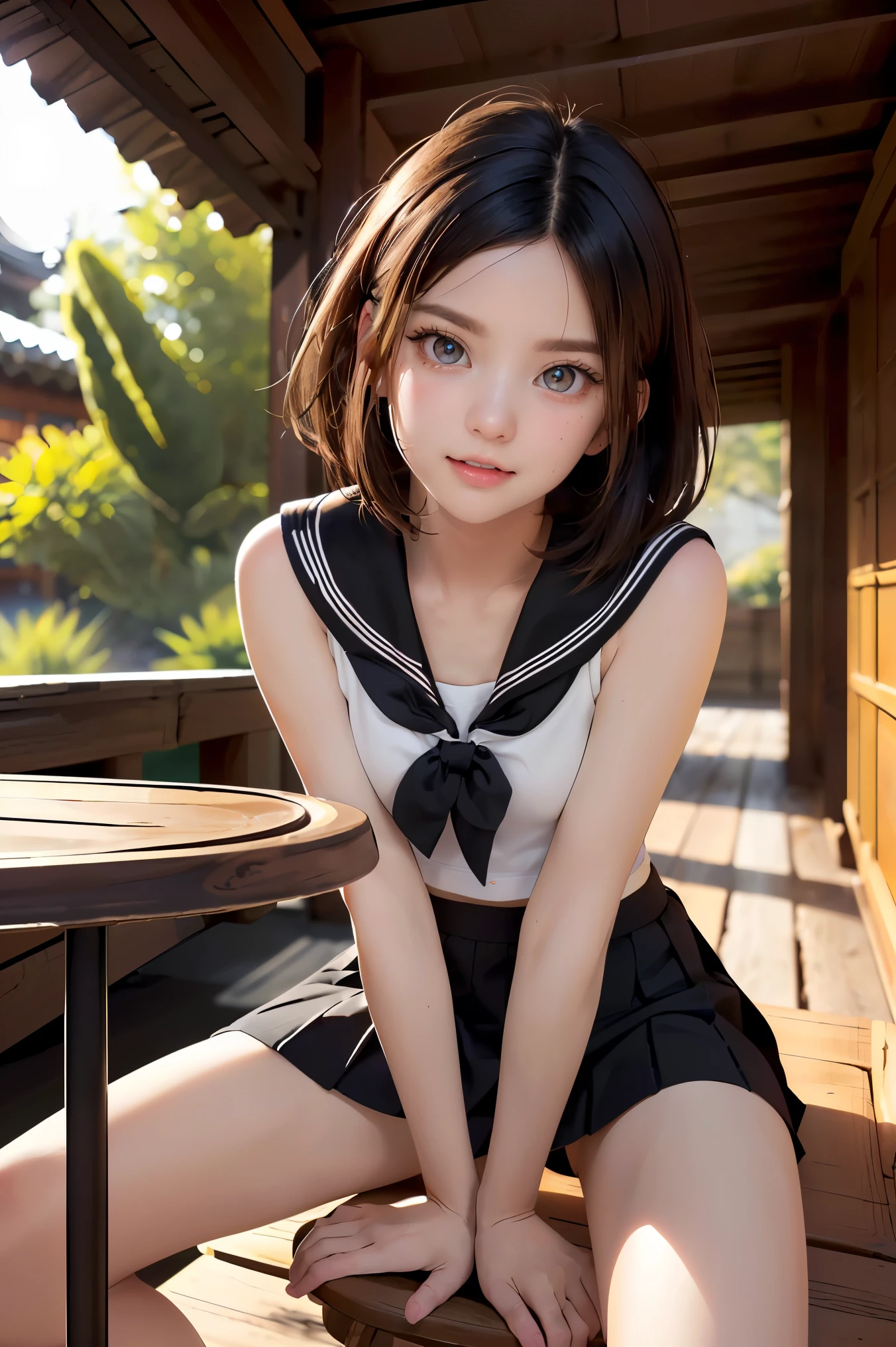 8k, masterpiece, highest quality, ultra high resolution, highest resolution, very detailed, professional lighting, orange light lighting、Backlight、Detailed CG、Low angle from the front、full body shot、Beautiful woman、beautiful eyes、(detailed face and iace:1 2)、narrow eyes、almond eye、brown eyes、gradation eye、highlight:1.2)、(beautiful black hair、long hair、asymmetrical bangs、(plump lips) 、(oval face : 1.4)、(thin fingered arms、detailed human hand)、(table top, highest quality:1.2), nostalgic、wooden warehouse、Scenery with Japanese wooden houses、sitting in veranda、ancient folk house、pine tree、plant、beautiful japanese garden、beautiful red sunset、vapour、crap、white breath、full body pose、A girl who blends into the scenery、sitting in a chair、Beautiful woman, small face、white skin、very cute, 17 years old、(fine eyes、bright eyes、Gradient eyes:1、Beautiful eyes drawn in detail:1、symmetrical eyes:1、Big eye highlight:1.2)、thin hair、brown eyes)、Breasts are medium in size、(black brown hair、very short hair:1.4)、(black sailor suit、serafuku:1.4)、thin and long legs、beautiful hip line、beautiful spine、constricted back、tight waist、JK black skirt 、pleated skirt、Hip line emphasis、black socks、black stockings、brown eyes,face is a little red, beautiful breasts、Breasts are A cup、Shoes are loafers、Split ends of long hair) 、(round face: 1.4)、gentle smile、open your mouth、teeth visible、black knee high socks、NSFW、((spread your legs、beautiful pussy:1.3))、((take off white underwear on legs:1.3))