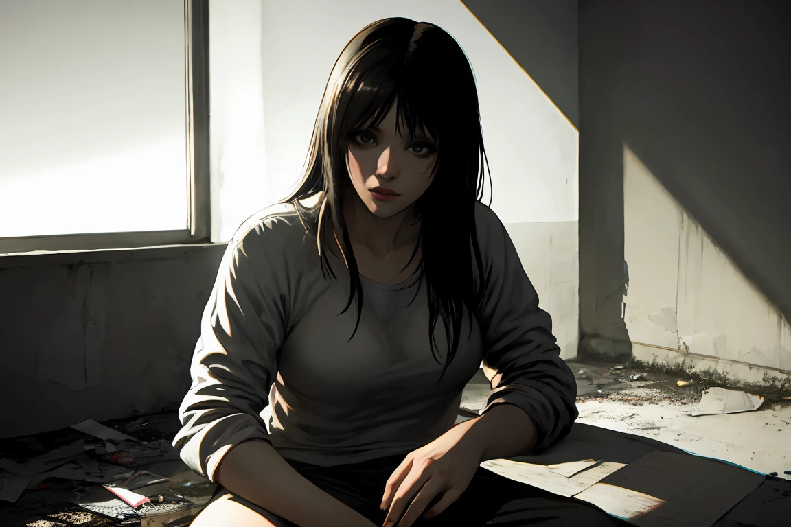 a prostitute using drugs, realistic portrait, detailed face, realistic skin, disheveled hair, dark circles under her eyes, gaunt expression, wearing tattered clothes, sitting on a dirty floor, abandoned room, harsh lighting, muted colors, gritty, cinematic, high contrast, dramatic shadows, masterpiece, hyper detailed, 8k, photorealistic