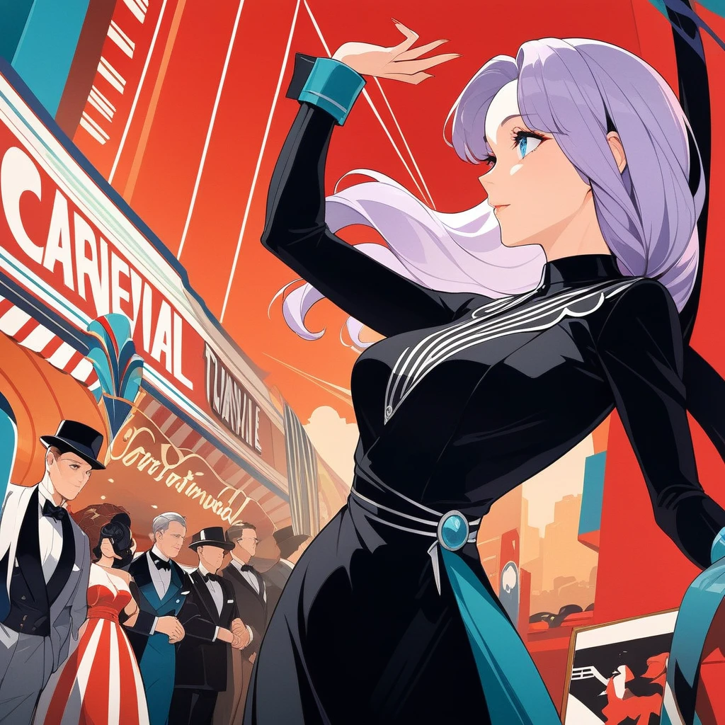 classy woman in a dress, mature woman, slanted eyes,  1girl, light purple hair, long hair, blue eyes, extreme close up side profile, black clothes, red background, centred, art deco, movie poster, masterpiece, 4k, hd, best quality, detailed, thick line art, variable line art, vintage poster, carnival style, extravagent,