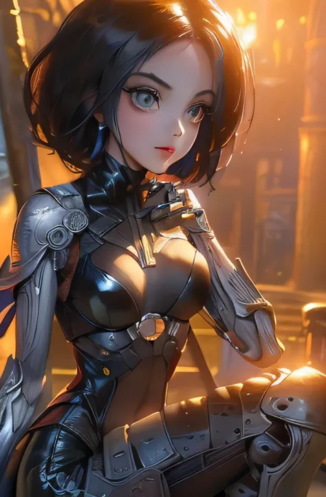 ((super high quality)), ((masterpiece)), alita battle angel, ((black, short hair)) (beautiful cute face), (beautiful female lips...