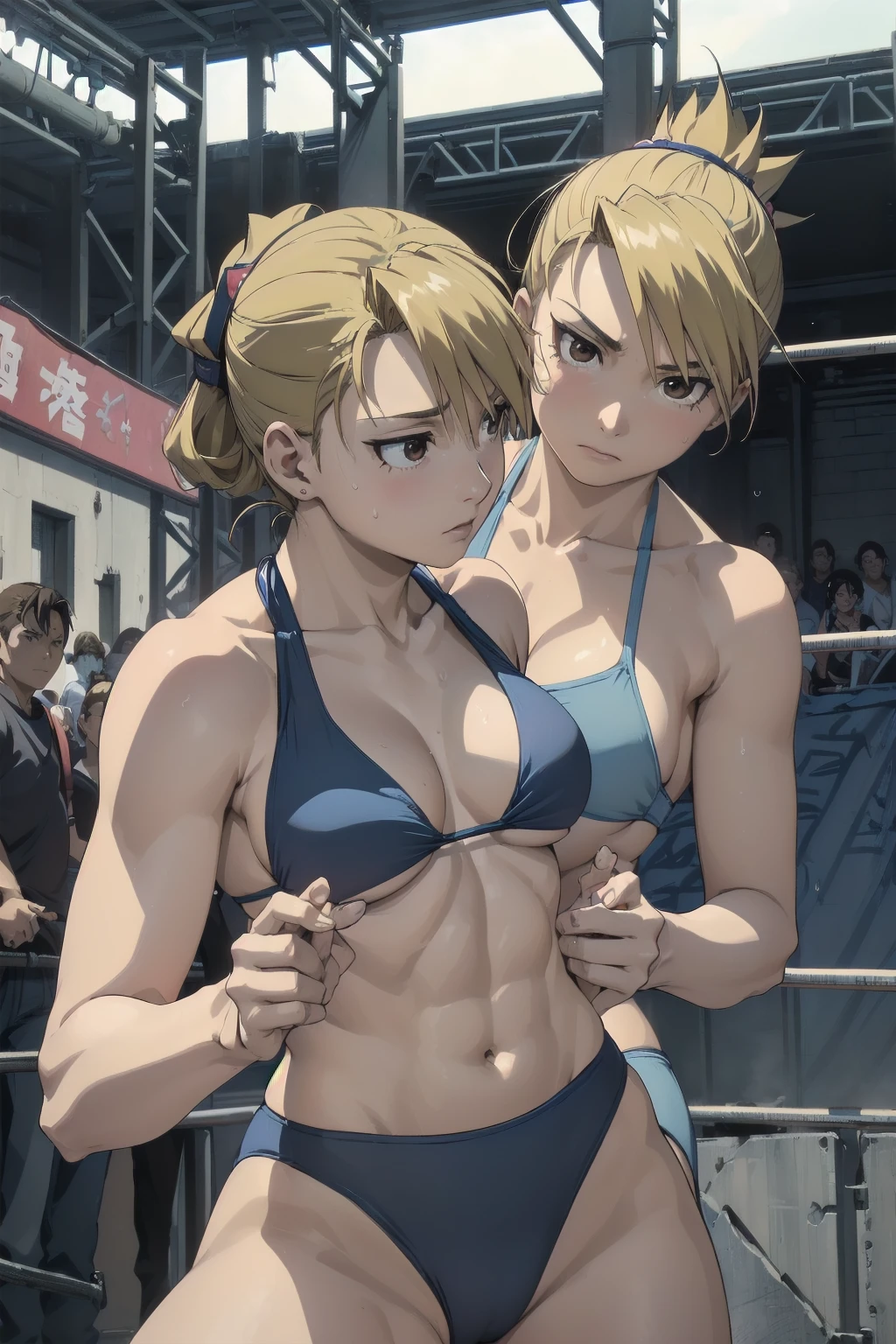 masterpiece, Highest quality, High resolution, One Girl, Hamriz, ponytail, Brown eyes,big , マイクロbikini、Cowboy Shot、Muscular body、blush、Sweat、Composition from the front、anime、(((Light blue bikini、Stand in front、audience、Shaking breasts、前かがみ、手は膝の上、 fully exposed、Facing forward)))、((Wrestling Arena)), (Female wrestler), (Slender body, 発Sweat, tired), Mature Woman, Mature Woman, (bikini, Very detailed wrestling equipment)