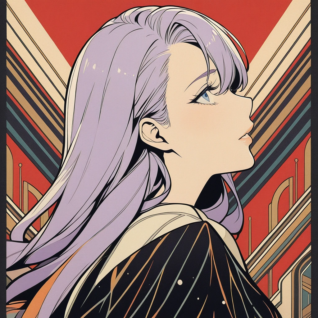 classy woman in a dress, mature woman, slanted eyes,  1girl, light purple hair, long hair, blue eyes, extreme close up, side profile, black clothes, red background, centred, art deco, movie poster, masterpiece, 4k, hd, best quality, detailed, thick line art, variable line art, vintage poster, carnival style, extravagent,