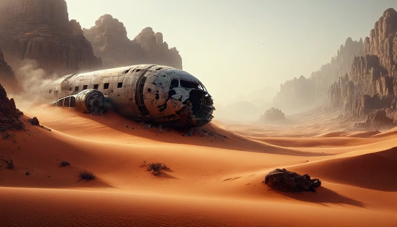 Forgotten Planet, a mysterious desert landscape with ancient ruins, featuring cinematic lighting and breathtaking detail. Concept art for this planet was created by Simon Stålenhake and Ian McCue. Please provide an accurate and detailed description of the planet, including its features, landscapes and overall aesthetic, in 4K resolution."