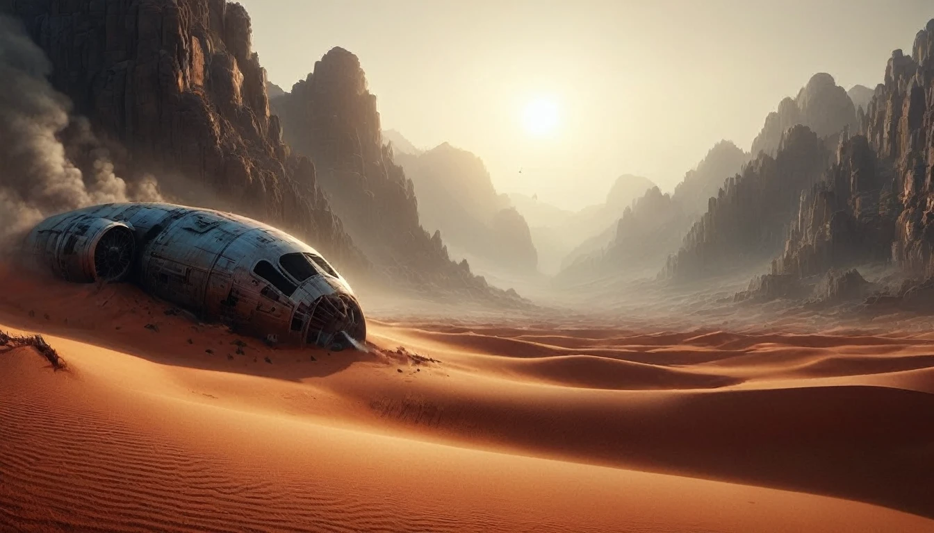 "The Forgotten Planet, a mysterious desert landscape with ancient ruins featuring cinematic lighting and breathtaking detail. Concept art for this planet was created by Simon Stålenhake and Ian McCue. Please provide an accurate and detailed description of the planet, including its features, landscapes and overall aesthetic, in 4K resolution."