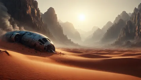 "the forgotten planet, a mysterious desert landscape with ancient ruins featuring cinematic lighting and breathtaking detail. co...